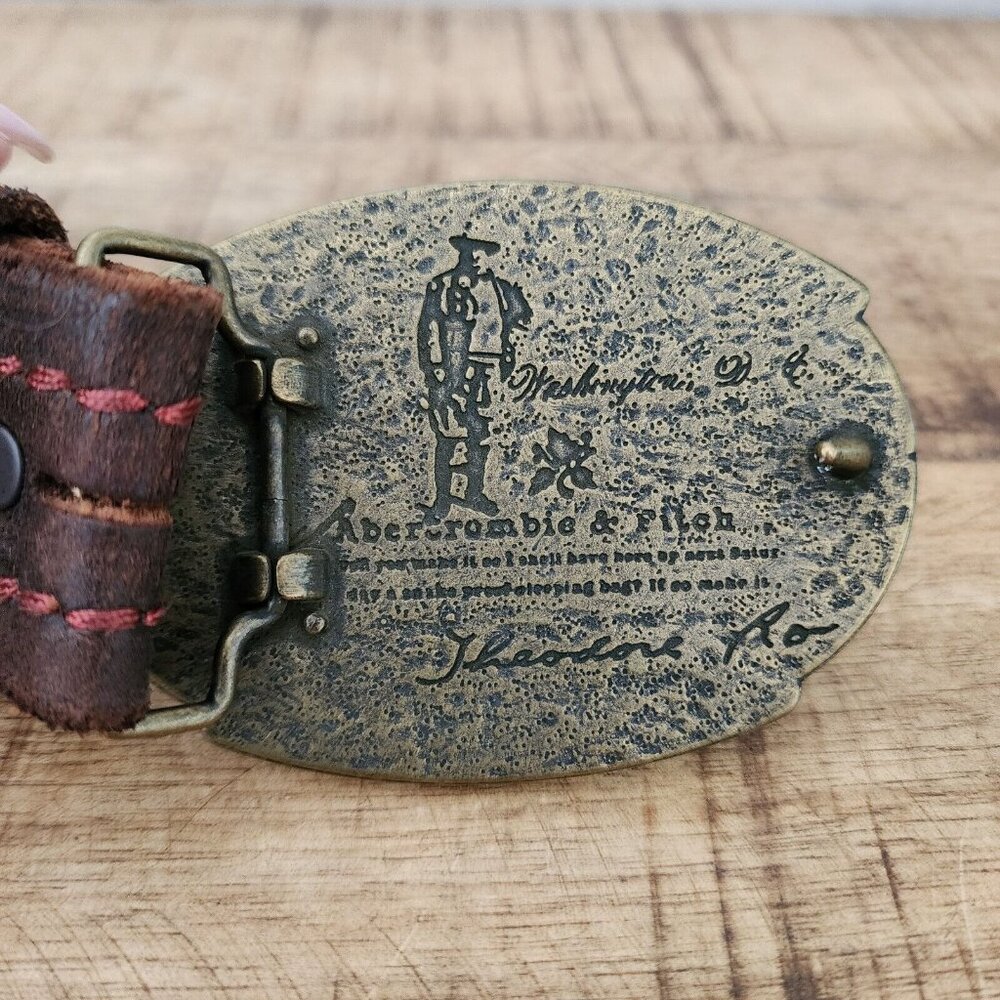 Vintage Abercrombie & Fitch Moose Brass Belt Buckle Brown Leather 34 - Picture 2 of 8